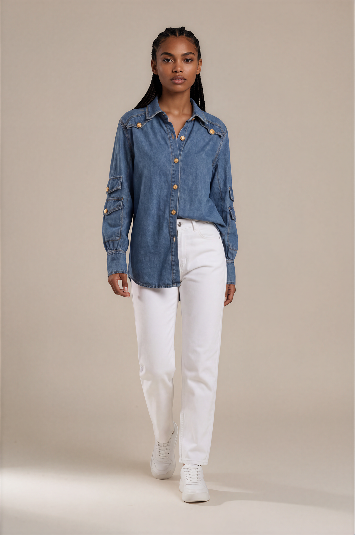 H3029 Denim Gold Detail Top