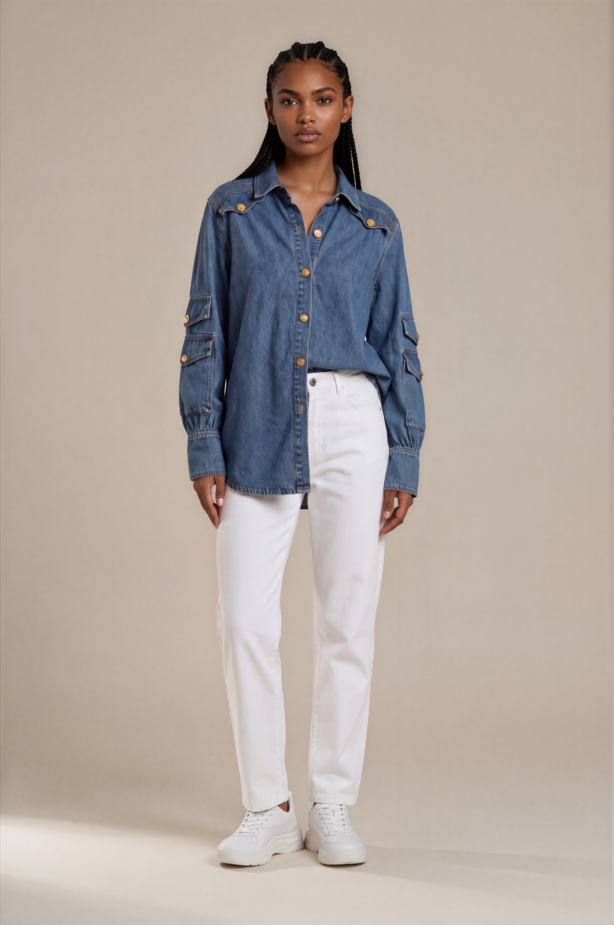 H3029 Denim Gold Detail Top