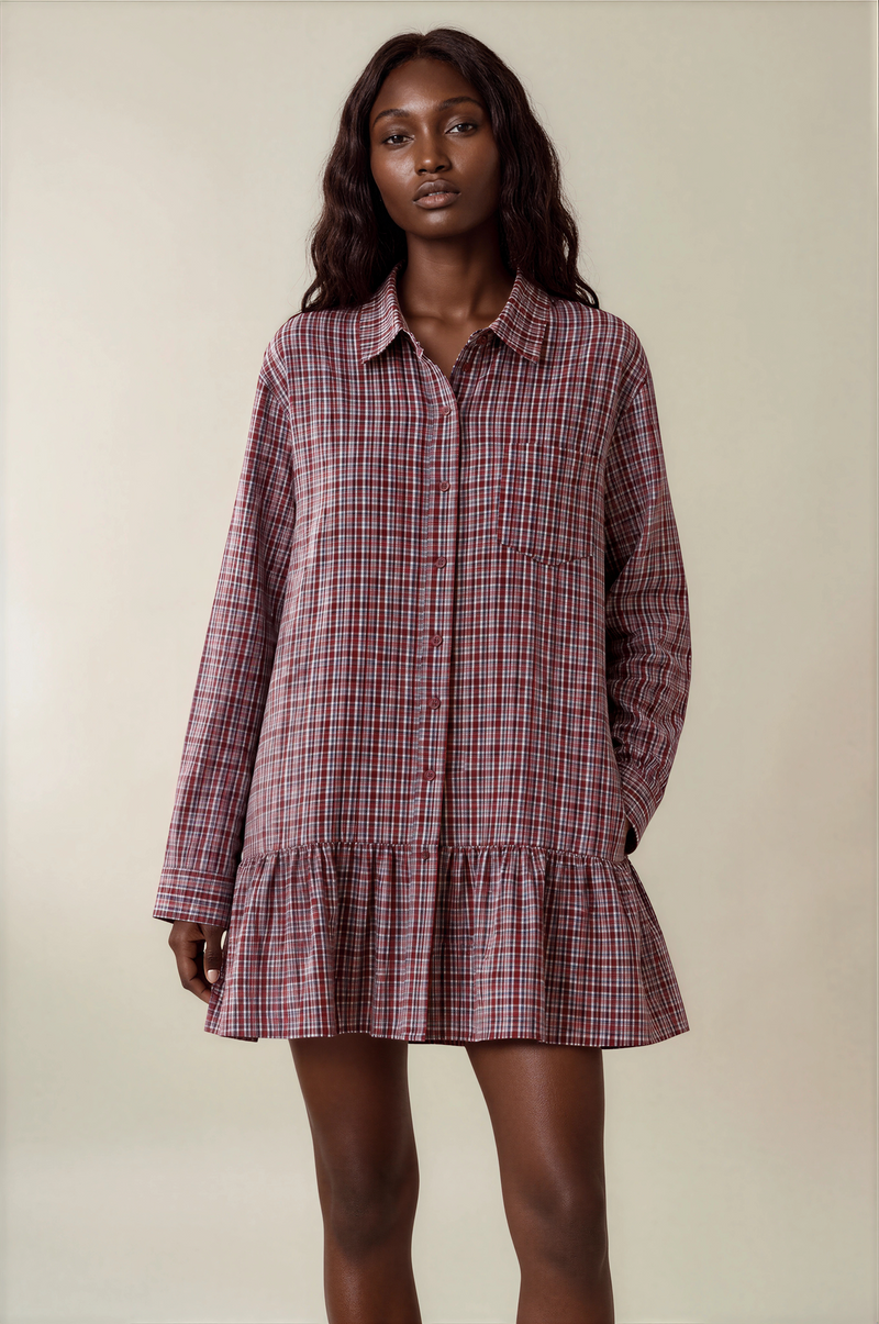 H3084 Red Plaid Shirt Dress