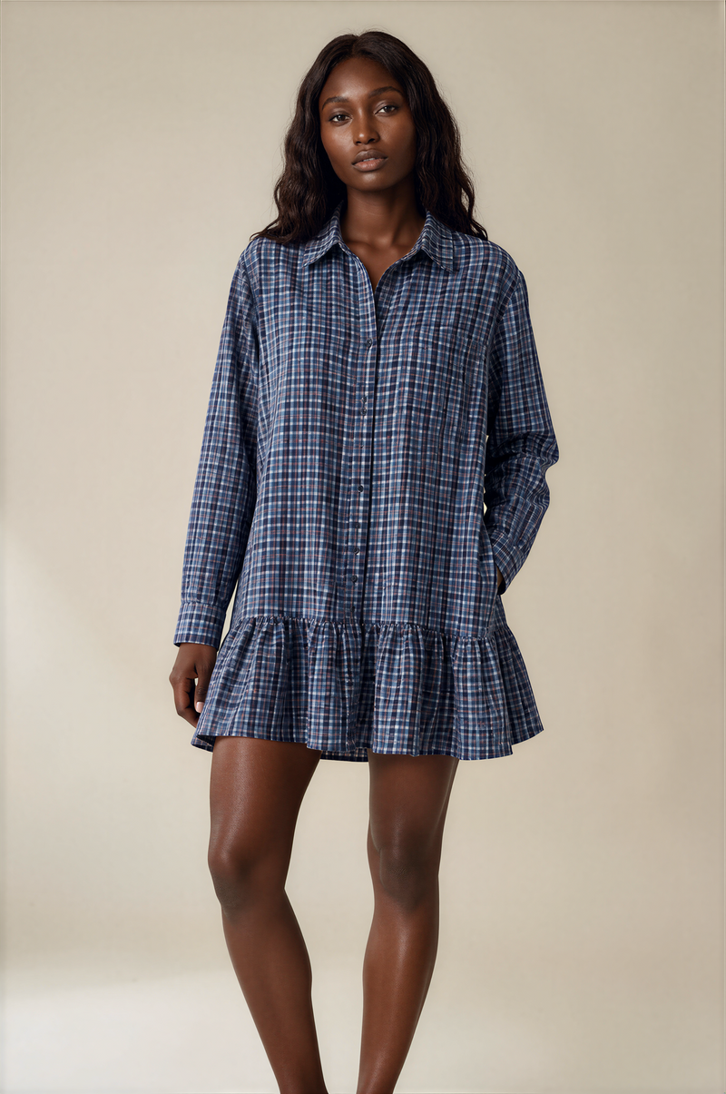 H3085 Blue Plaid Shirt Dress