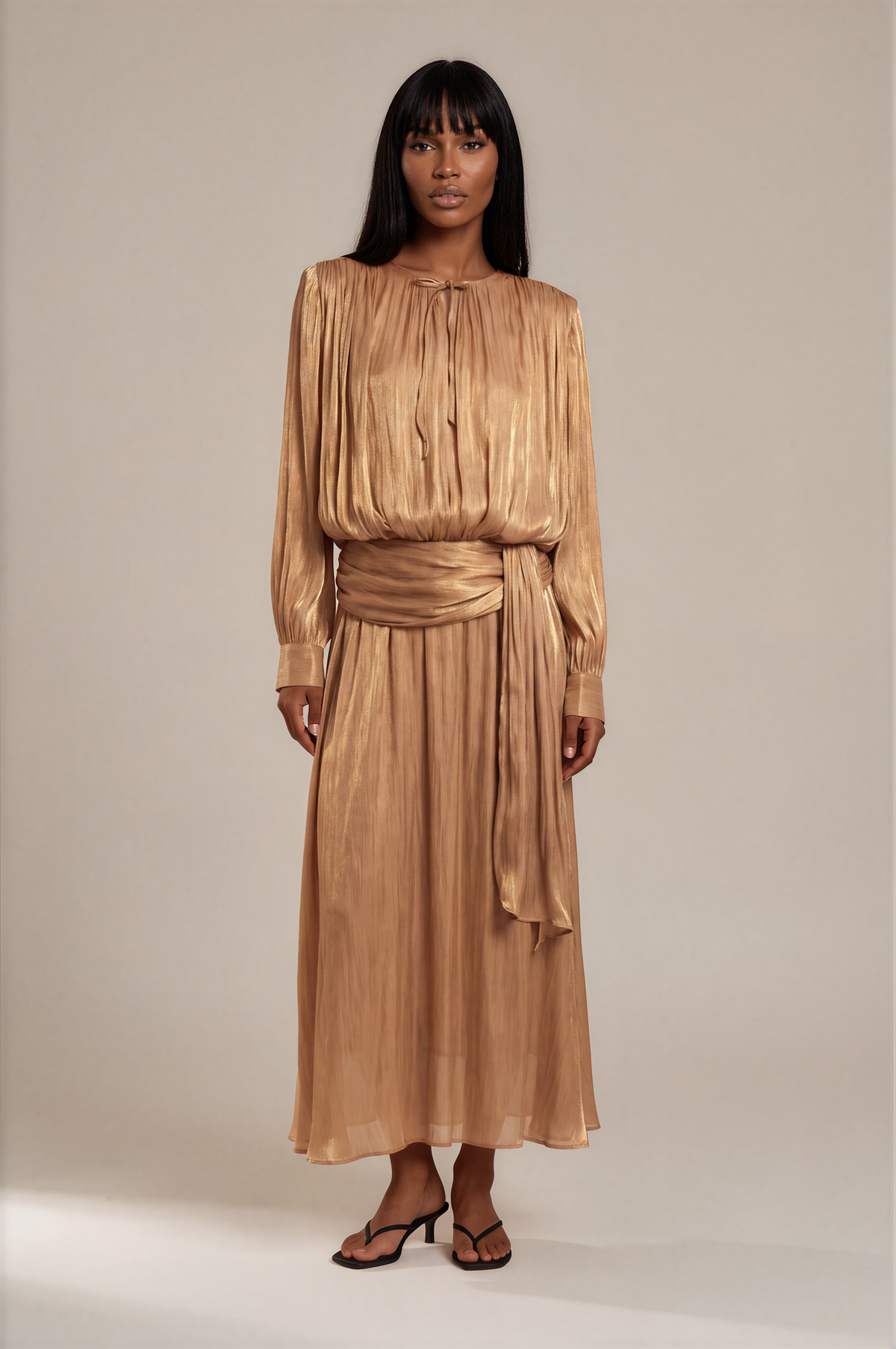 H3083 Brown Satin Maxi Dress