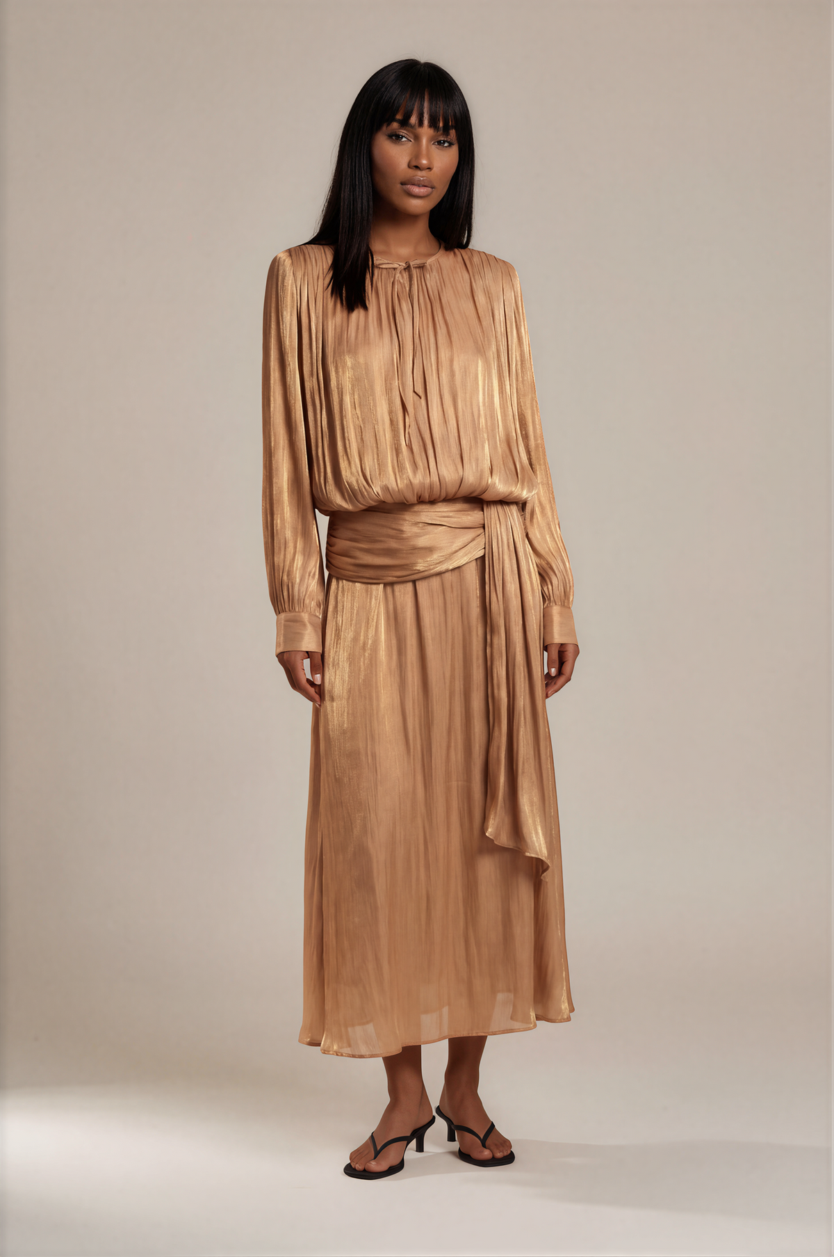 H3083 Brown Satin Maxi Dress
