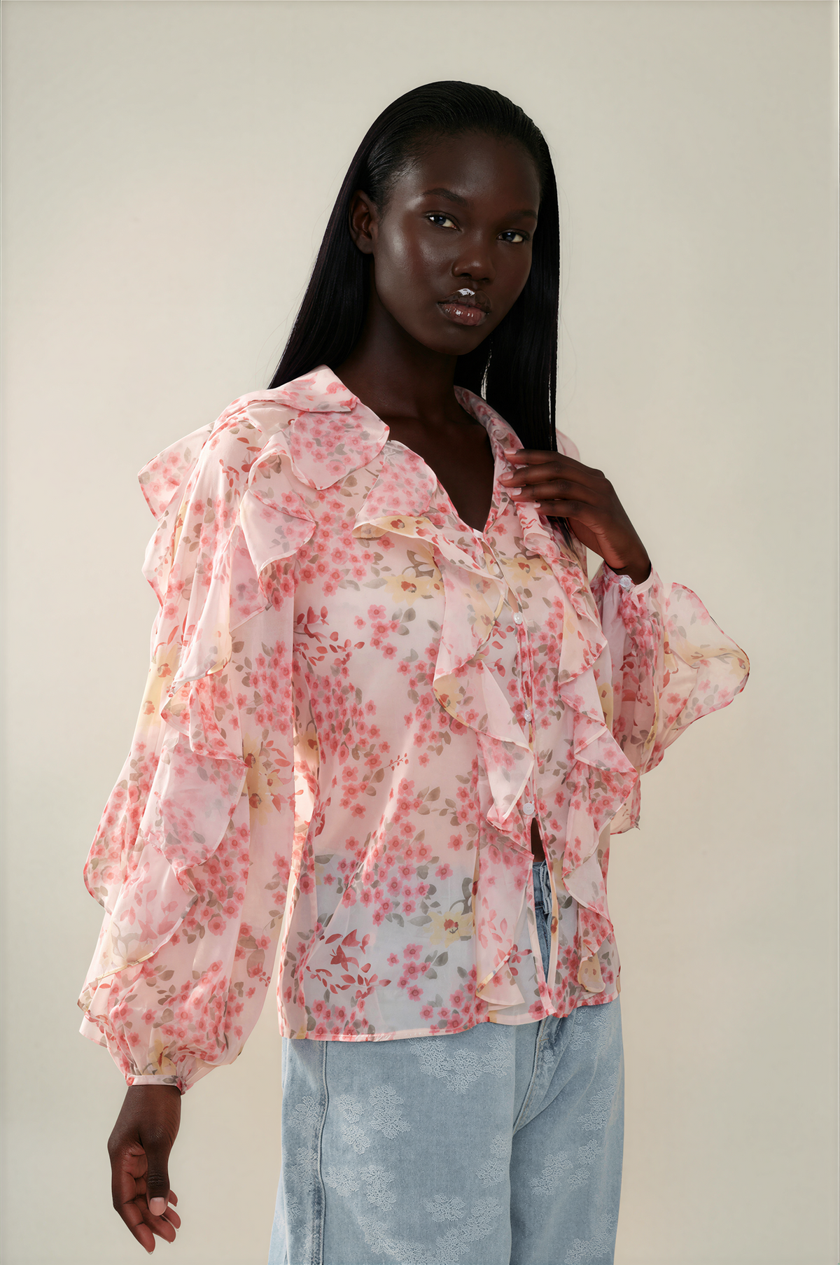 H3080 Pink Frill Floral Top