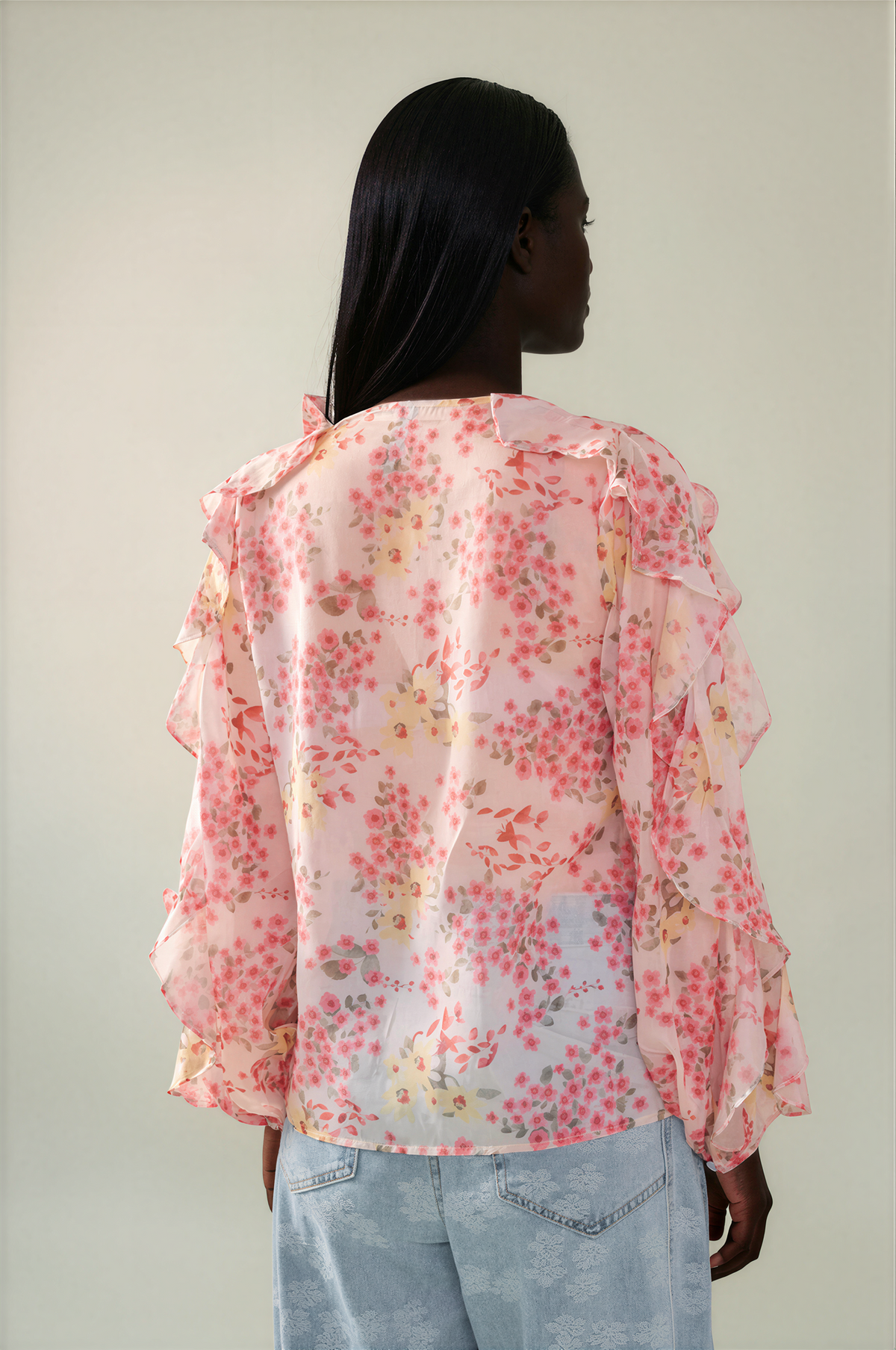 H3080 Pink Frill Floral Top