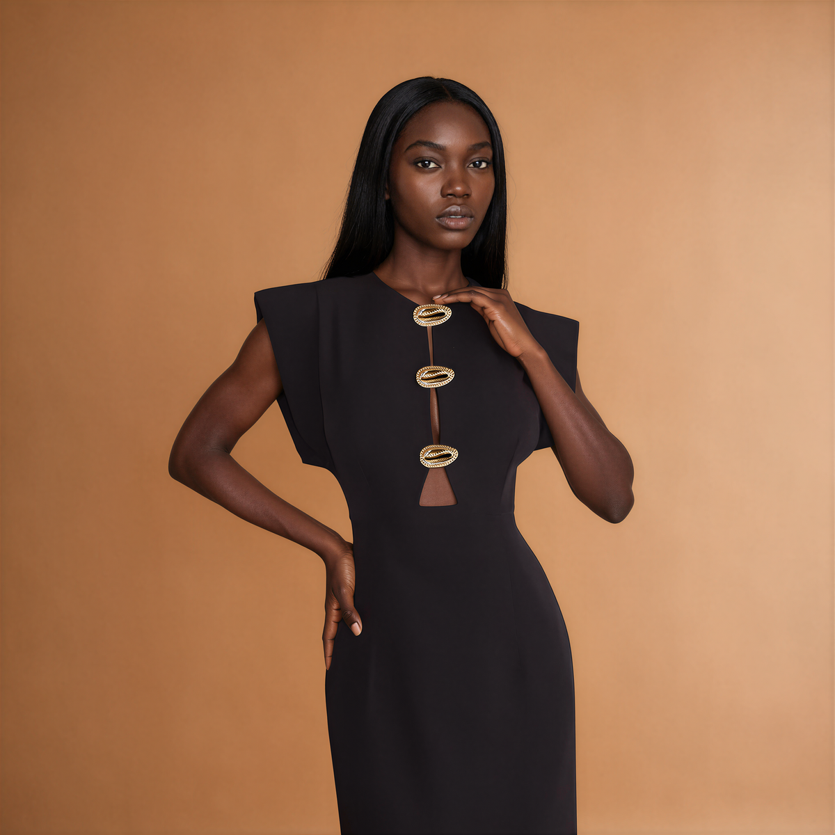 H2004 Black Midi Pointed Shoulder Dress