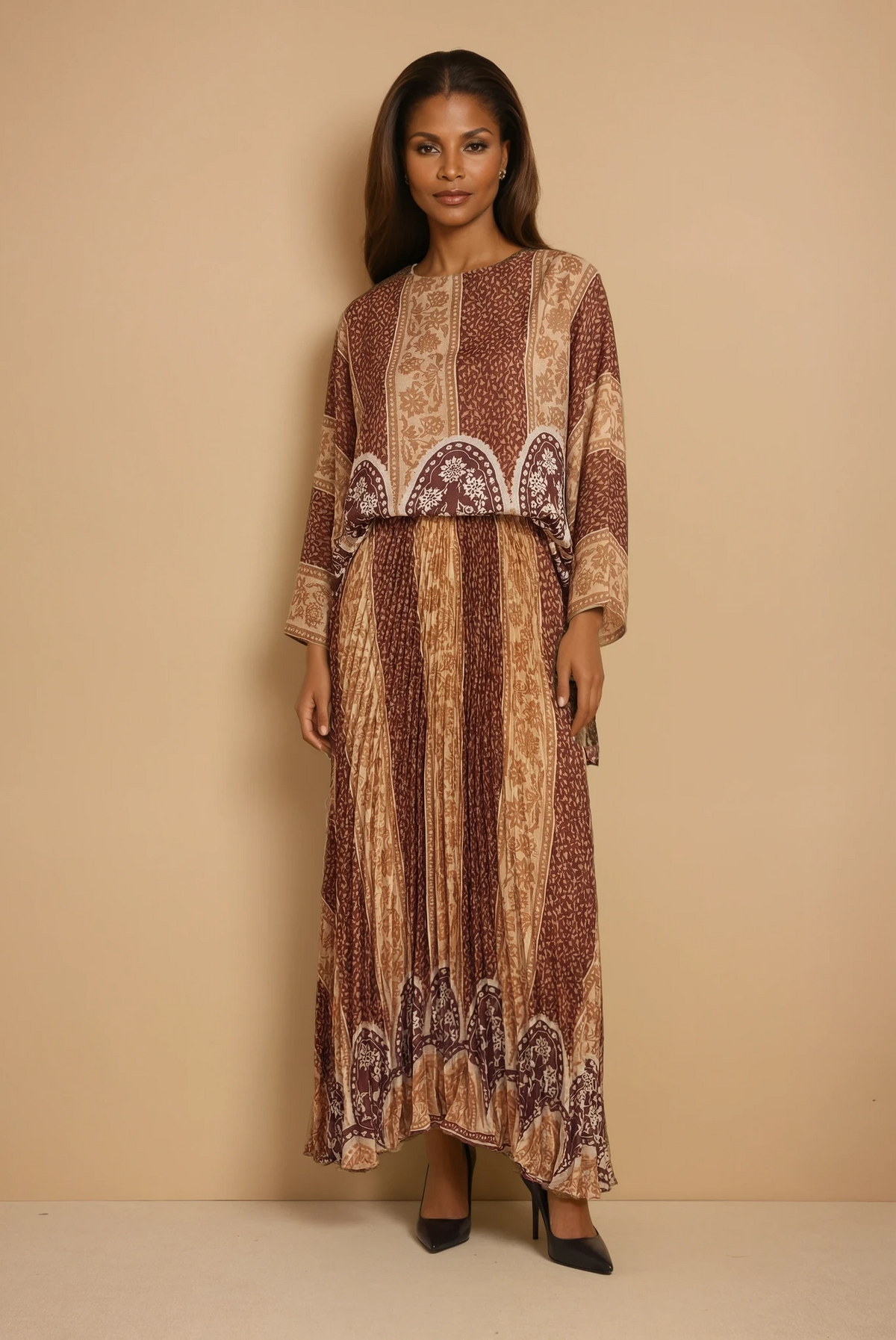 GG2096 Brown Print Pleated Skirt