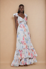 GG5104 Blue Lace-up Back Floral Maxi Dress