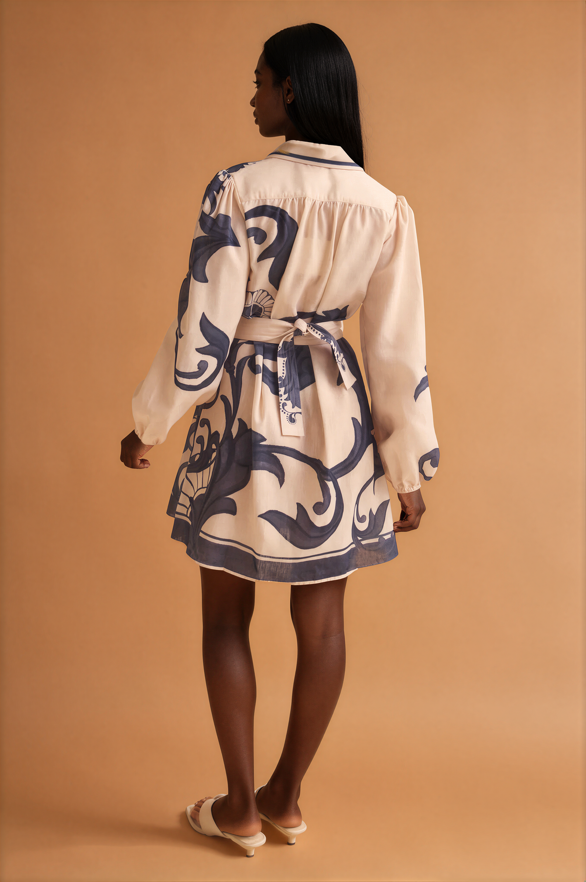 H2006 Cream & Blue Print Swirl Dress