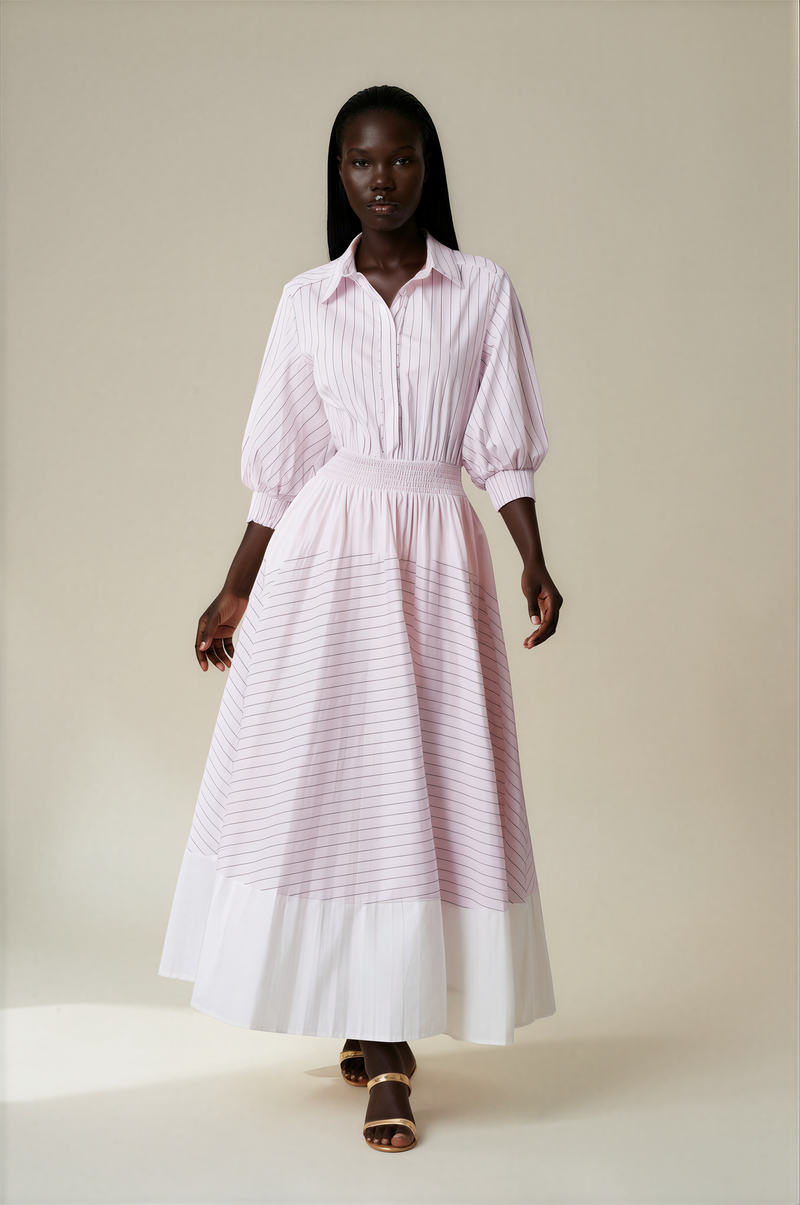 H3130 Striped Collared Puff Sleeve Smocked Dress