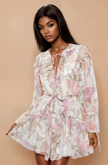 GG5100 White Floral Frill Chiffon Wrap Dress