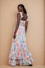 GG5104 Blue Lace-up Back Floral Maxi Dress
