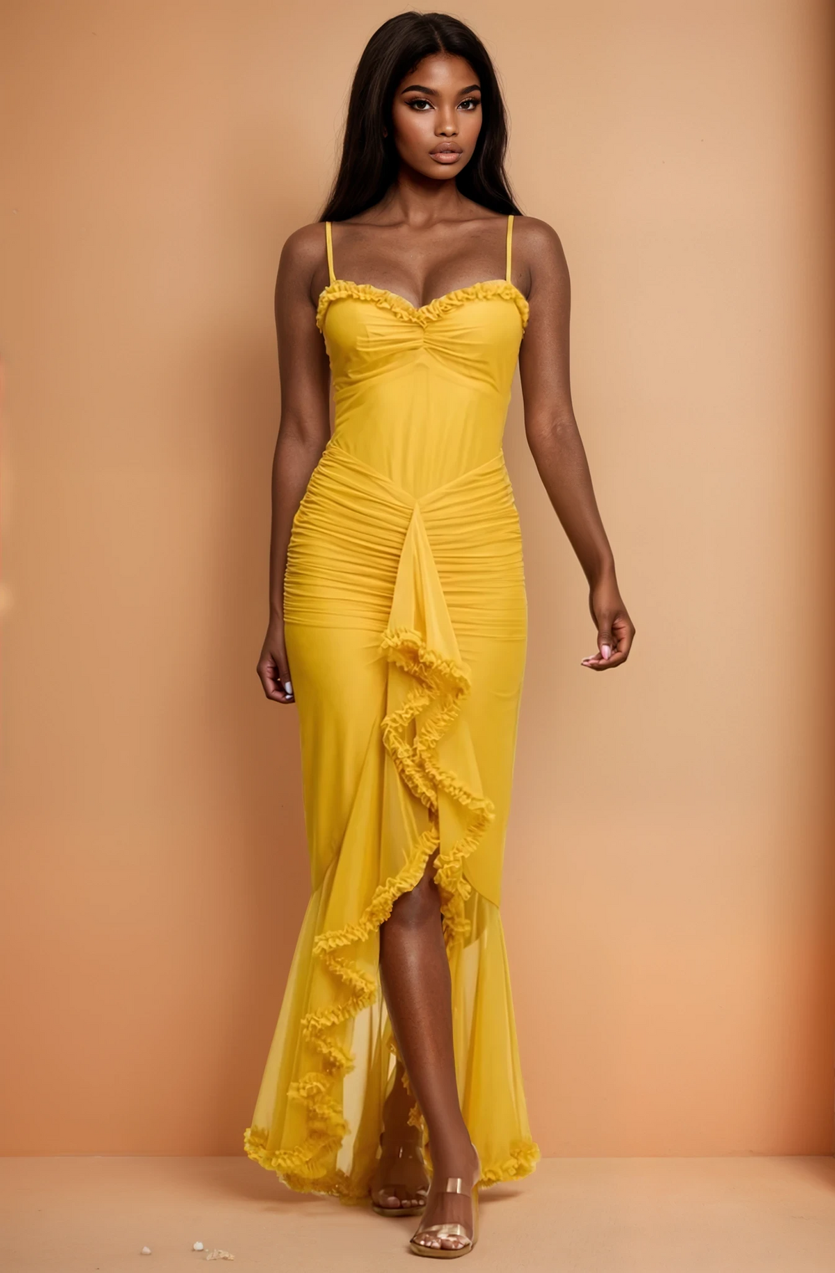 GG4104 Mustard Shirred Mesh Ruffle Maxi Dress