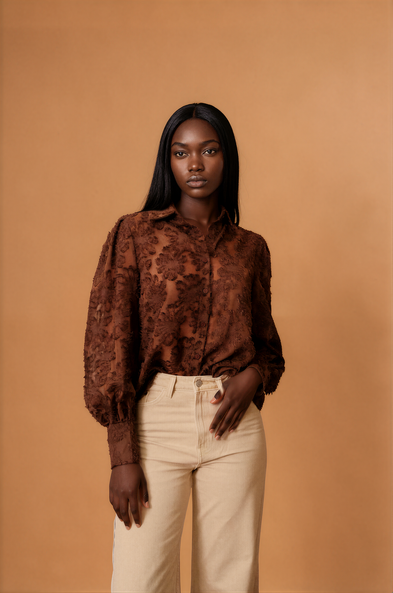 H1017 Brown Embroidered Top