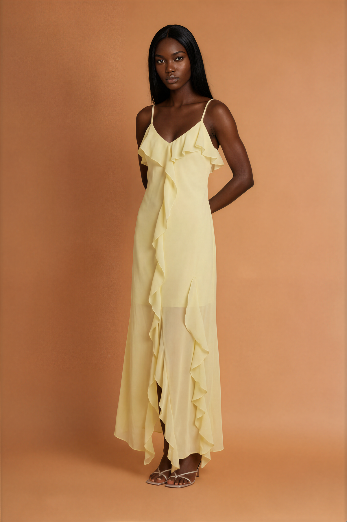 H1016 Yellow Frill Maxi Dress