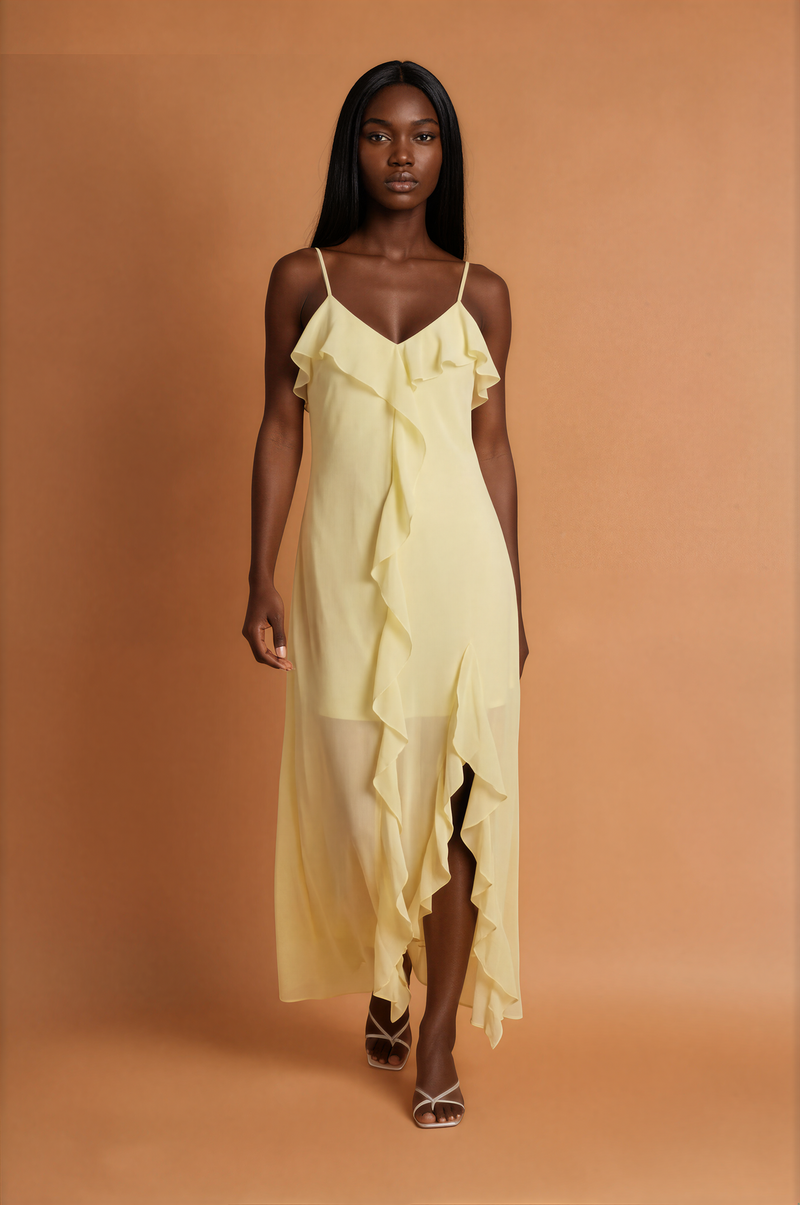 H1016 Yellow Frill Maxi Dress