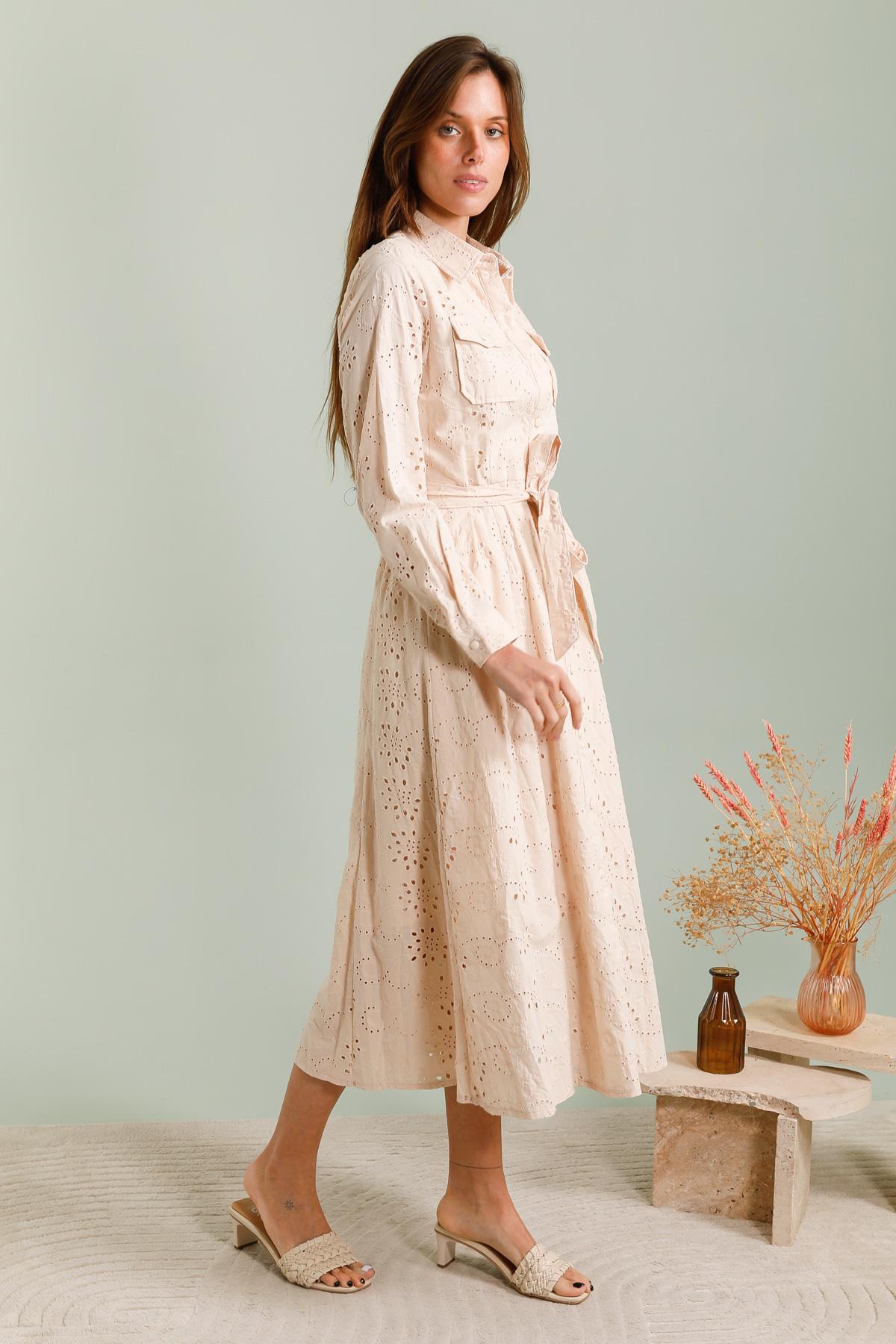GG1091 Beige Lace Midi Dress