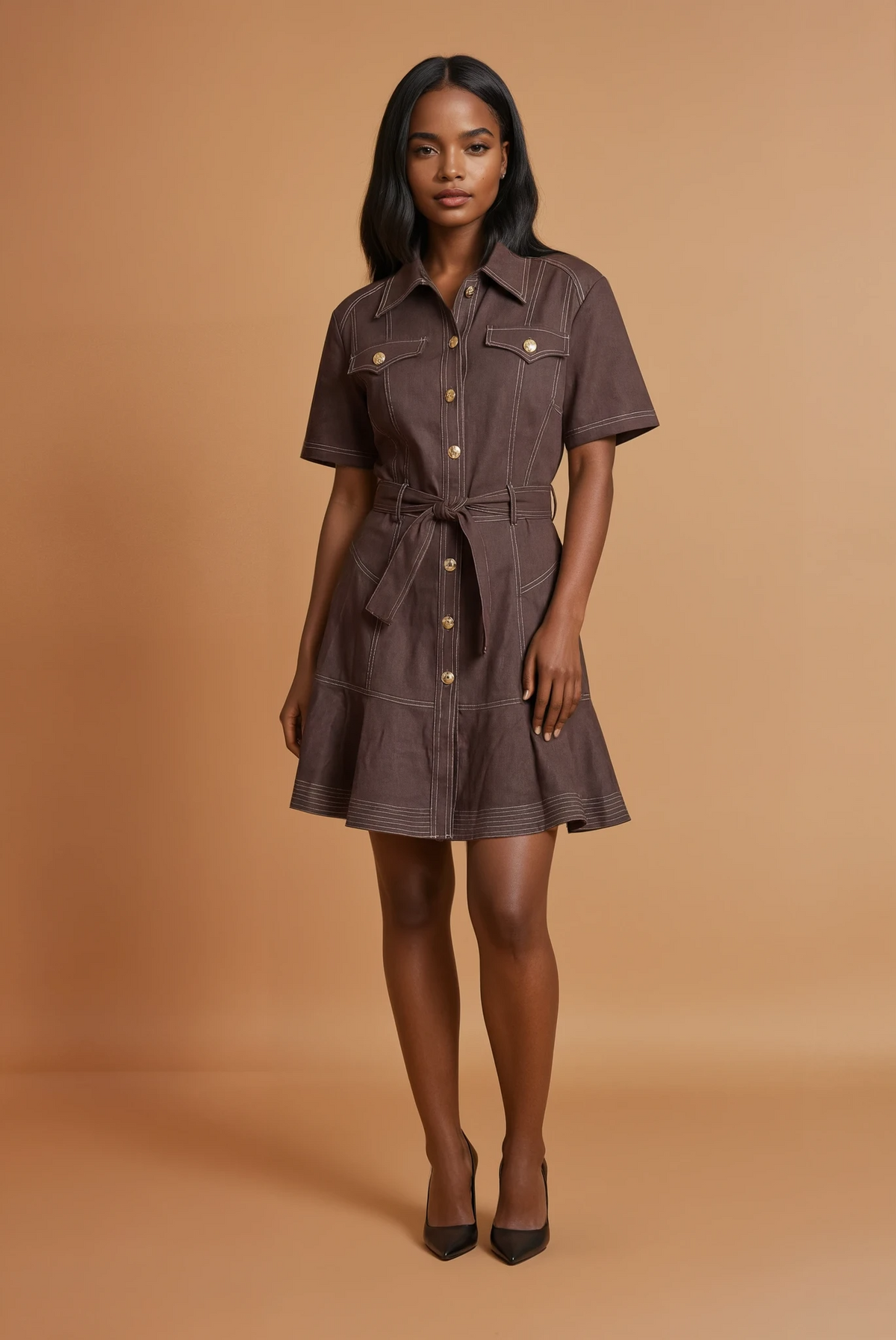 GG2153 Brown Gold Button Midi