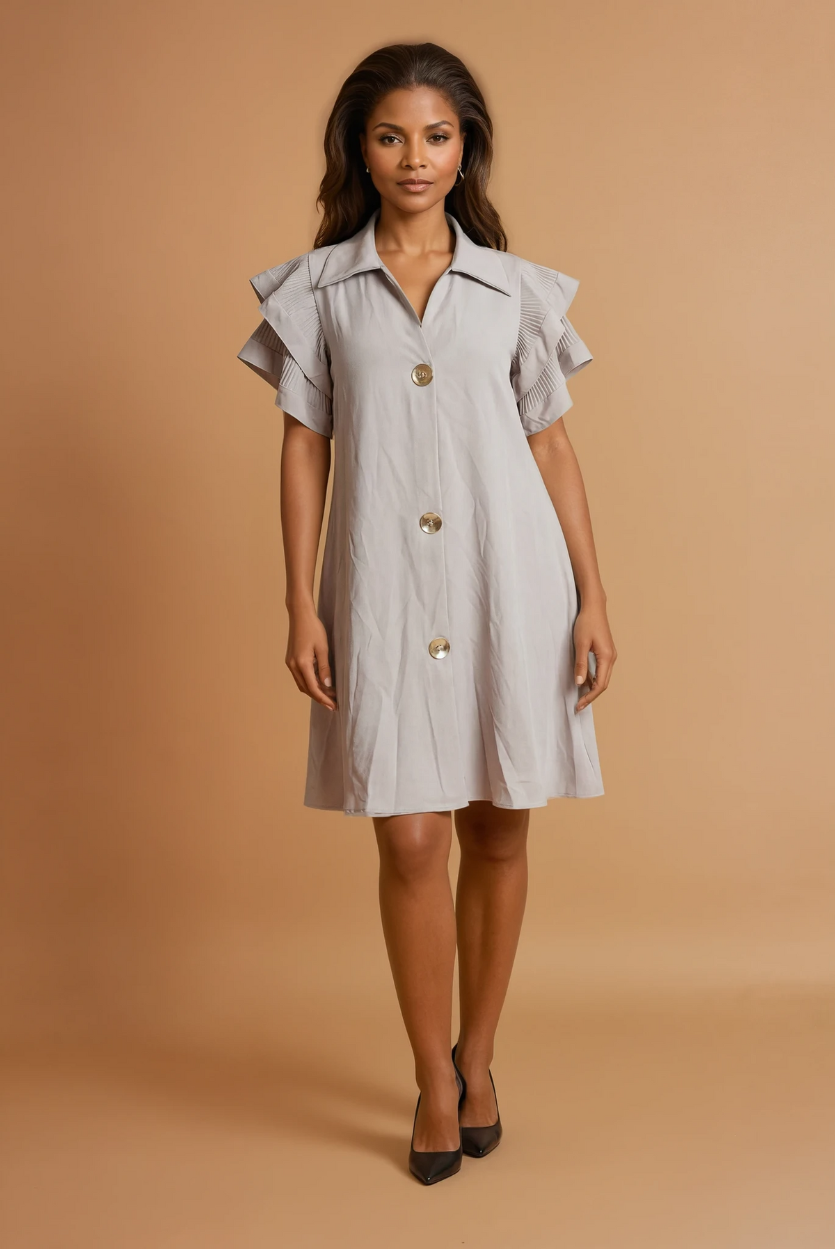 GG2157 Beige Frill Shoulder Dress