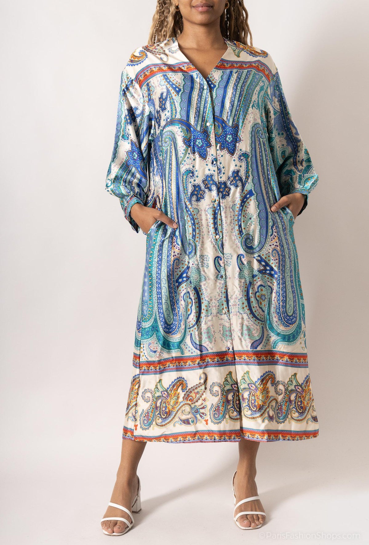 GG1027 Blue Paisley Button Down Maxi Dress