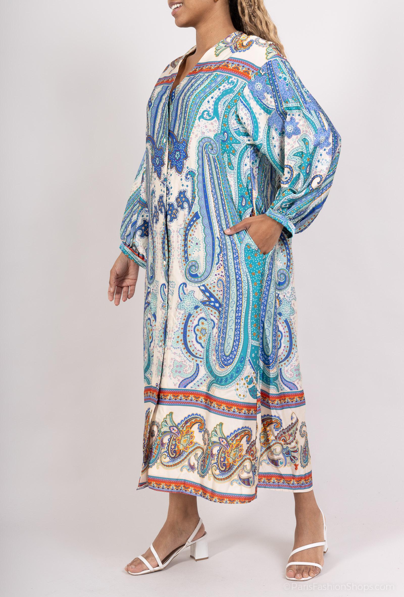 GG1027 Blue Paisley Button Down Maxi Dress