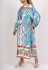 GG1027 Blue Paisley Button Down Maxi Dress