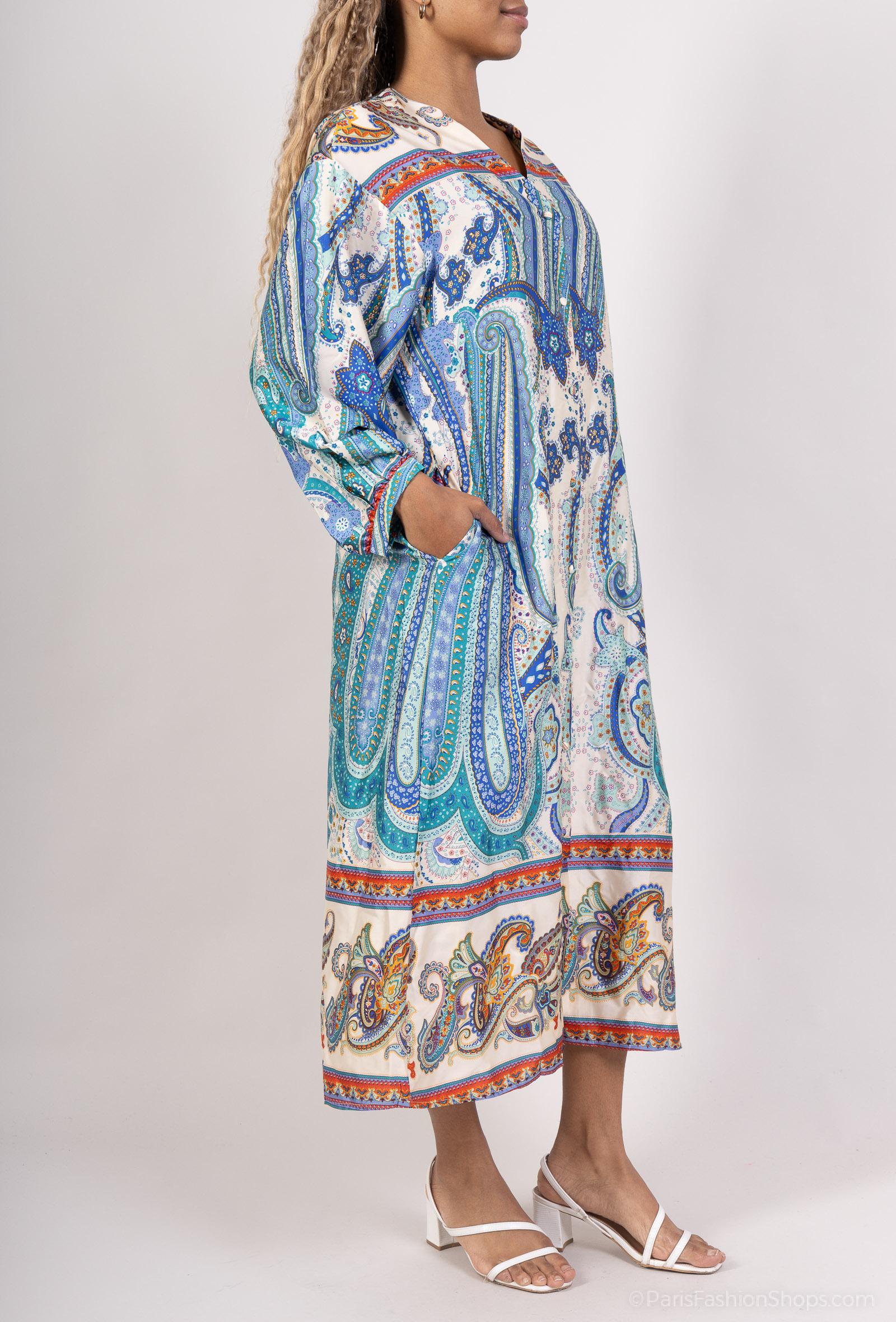 GG1027 Blue Paisley Button Down Maxi Dress