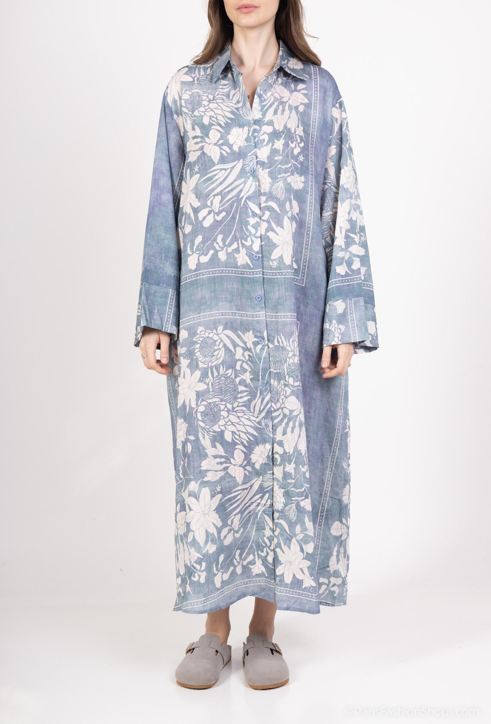 GG1031 Blue Floral Print Oversized Shirt Dress