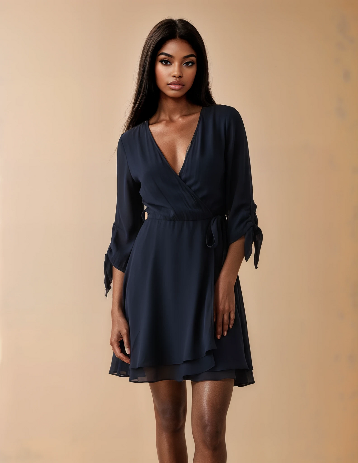 GG2029 Navy Blue Chiffon Knee Length Dress