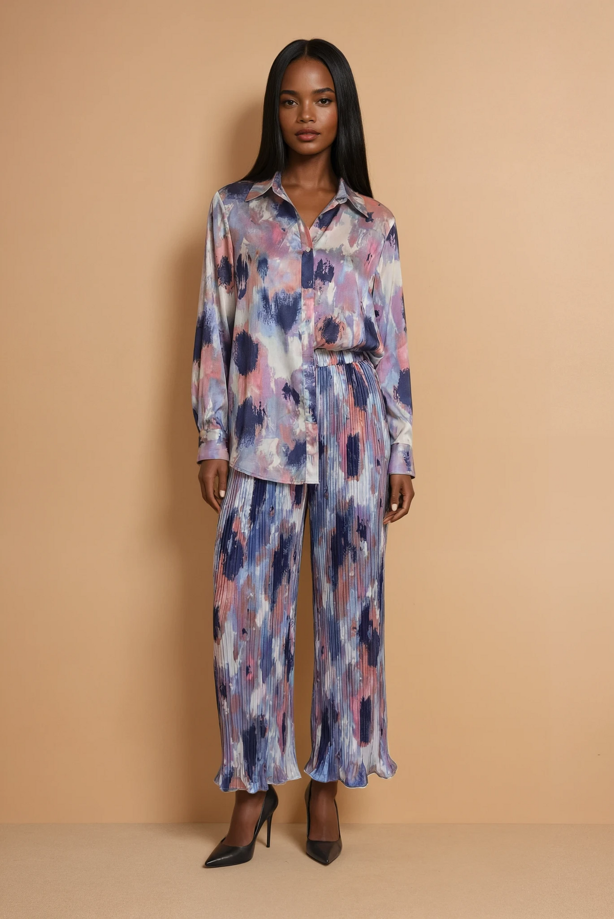 GG2112 Blue Print Pleated Pants