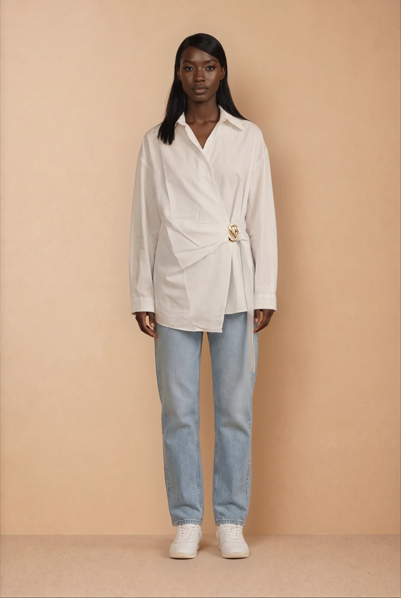 GG2127 Cotton White Top With Gold Buckle