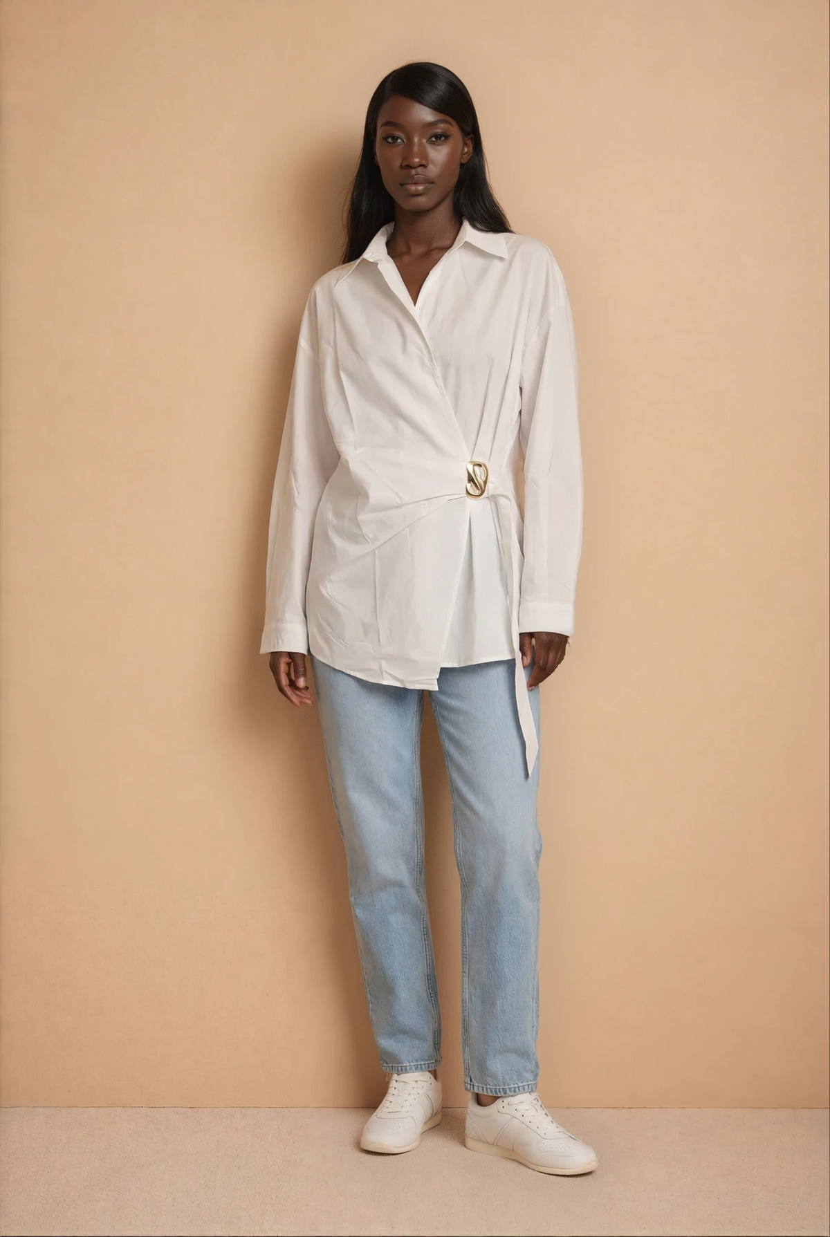 GG2127 Cotton White Top With Gold Buckle