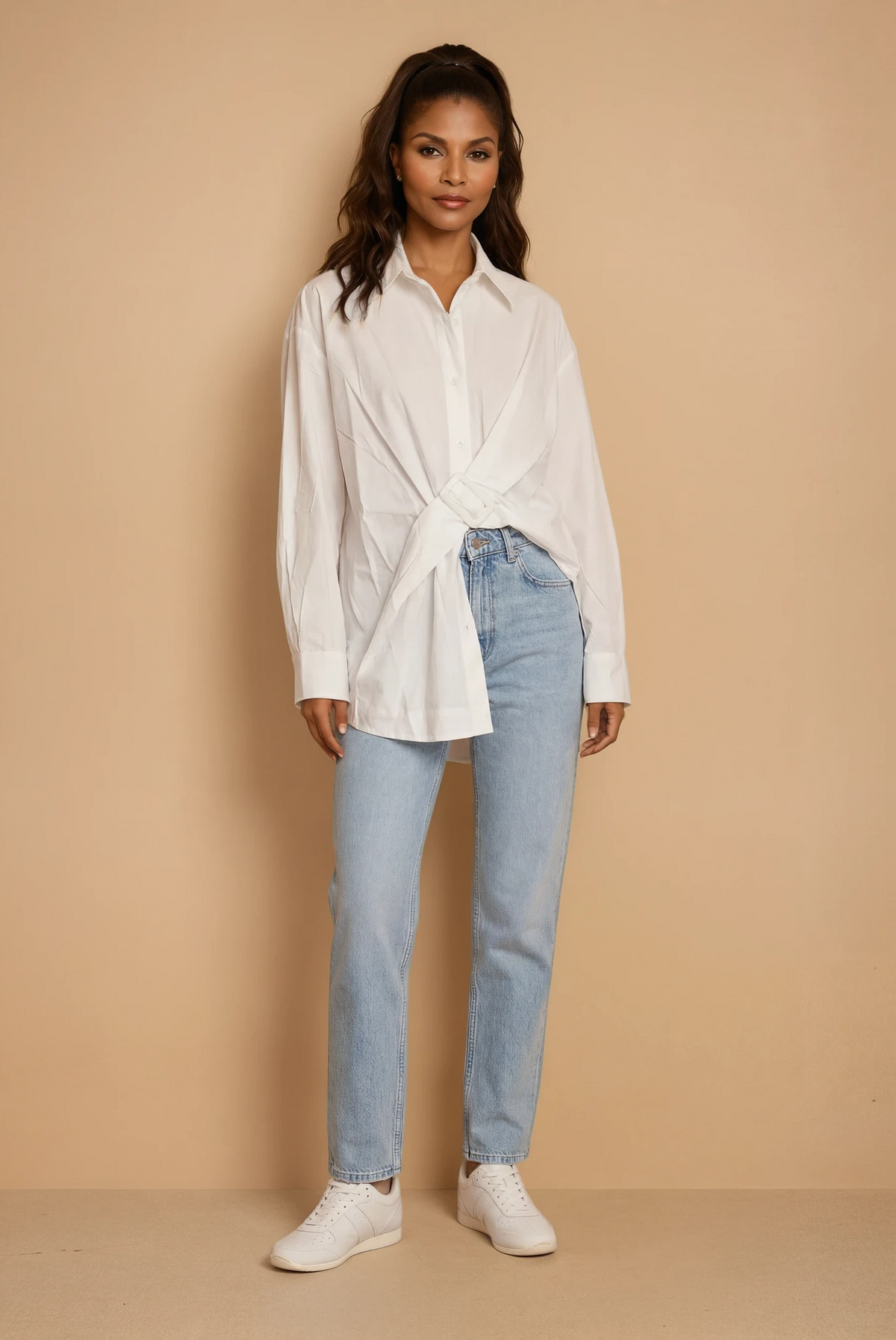 GG2123 Cotton White Cross Belt Blouse