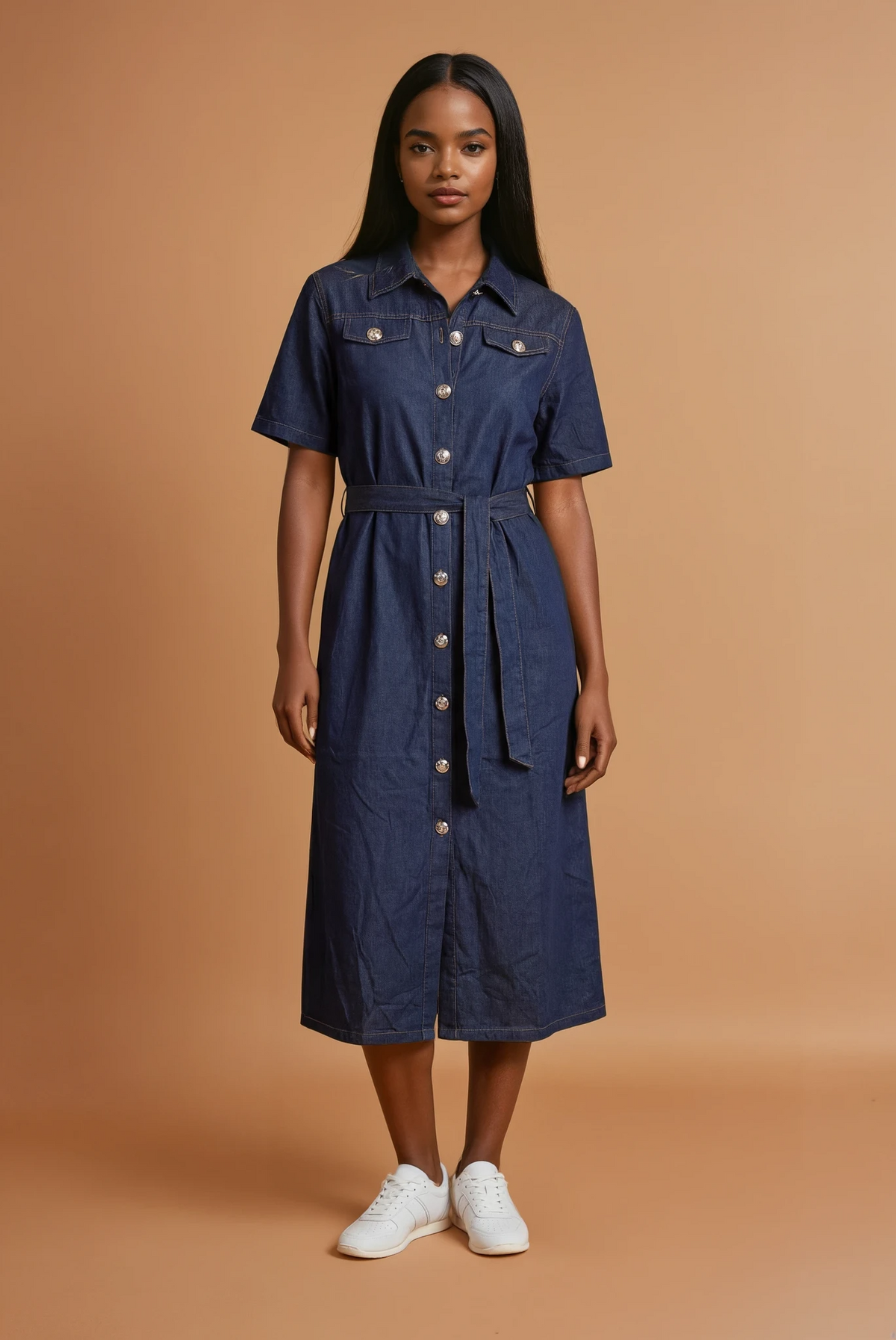 GG2180 Denim Midi Button Down Dress