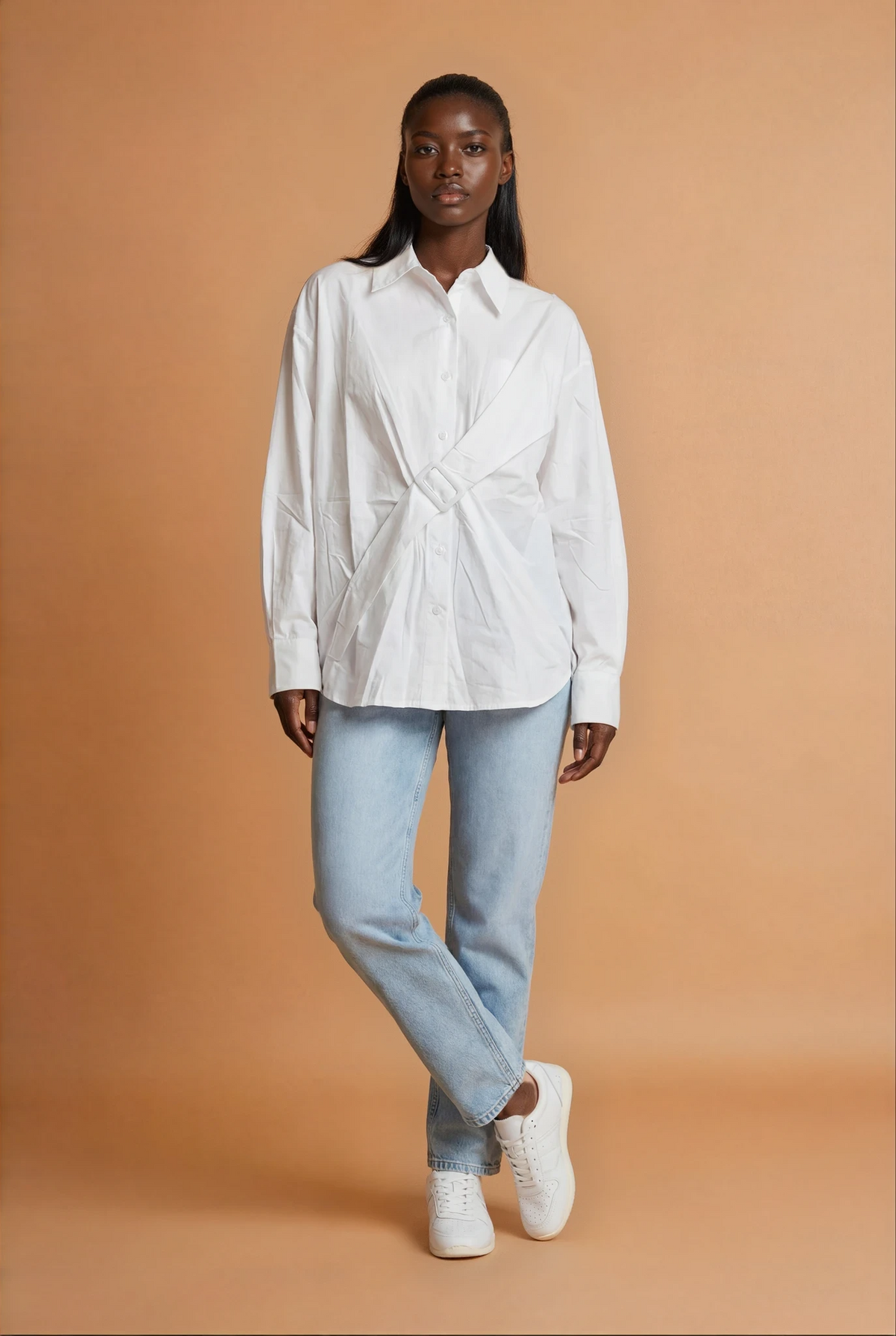 GG2181 White Belt Front Oversized Shirt