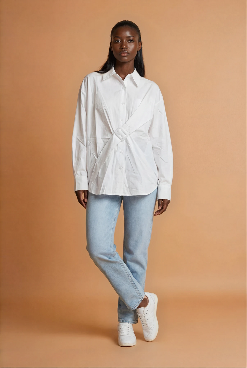 GG2181 White Belt Front Oversized Shirt