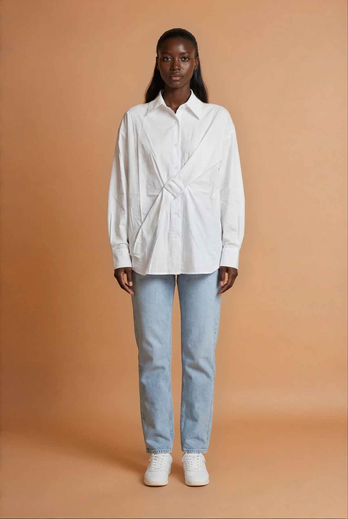 GG2181 White Belt Front Oversized Shirt