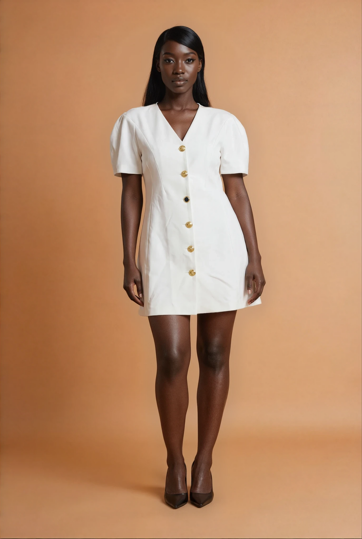 GG3107 White Button Down Knee Length Dress