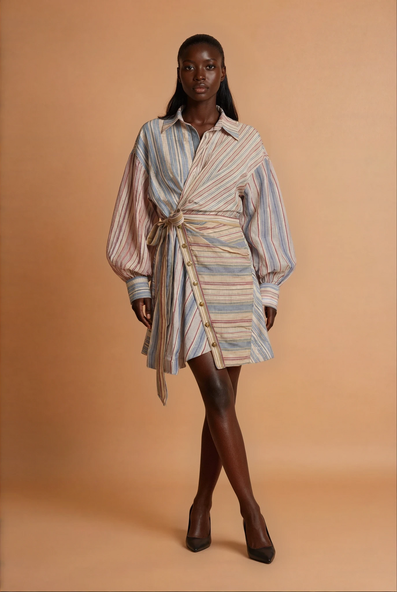 GG3401 Striped Wrap Knee Length Dress