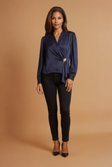GGG4108 Navy Blue Satin Gold Waist Top