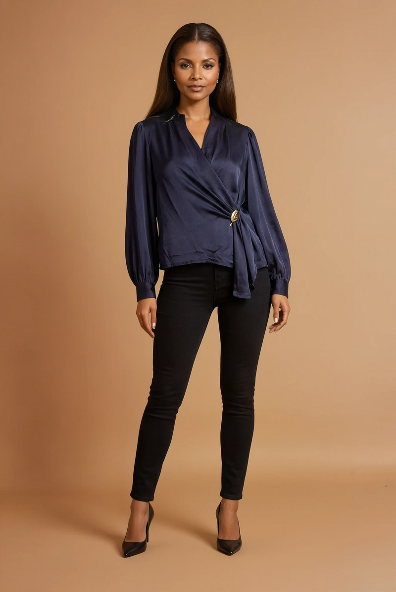 GGG4108 Navy Blue Satin Gold Waist Top