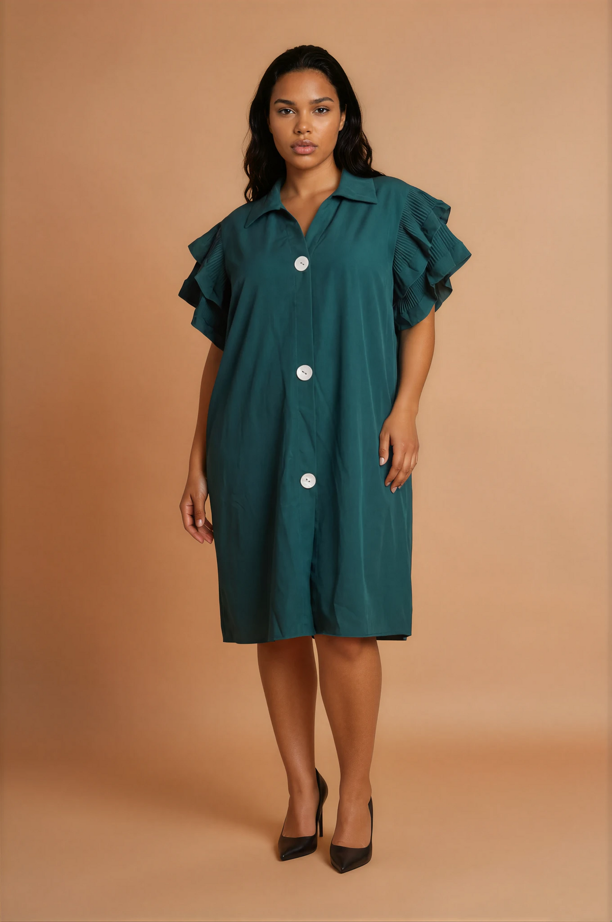 GGG4110 Hunter Green Frill Shoulder Dress