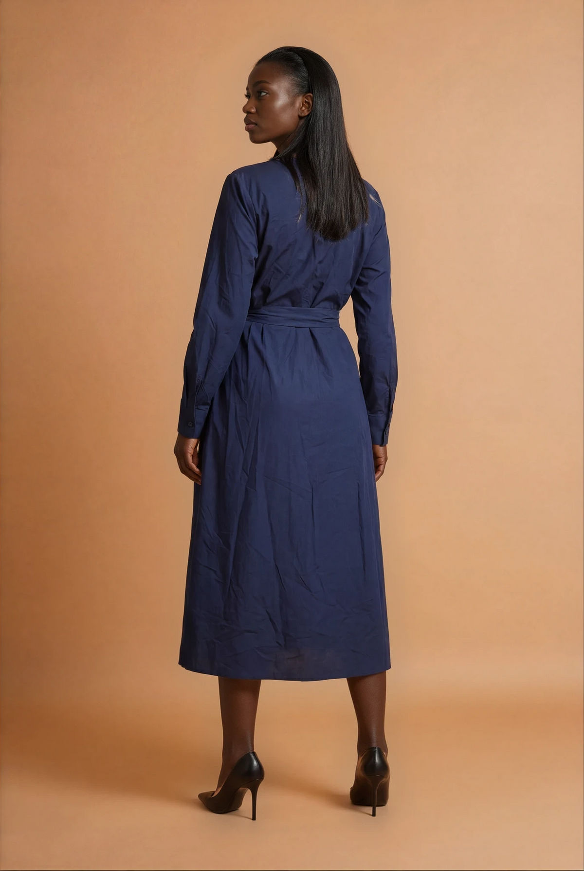 GGG4113 Navy Tie Waist Midi Dress