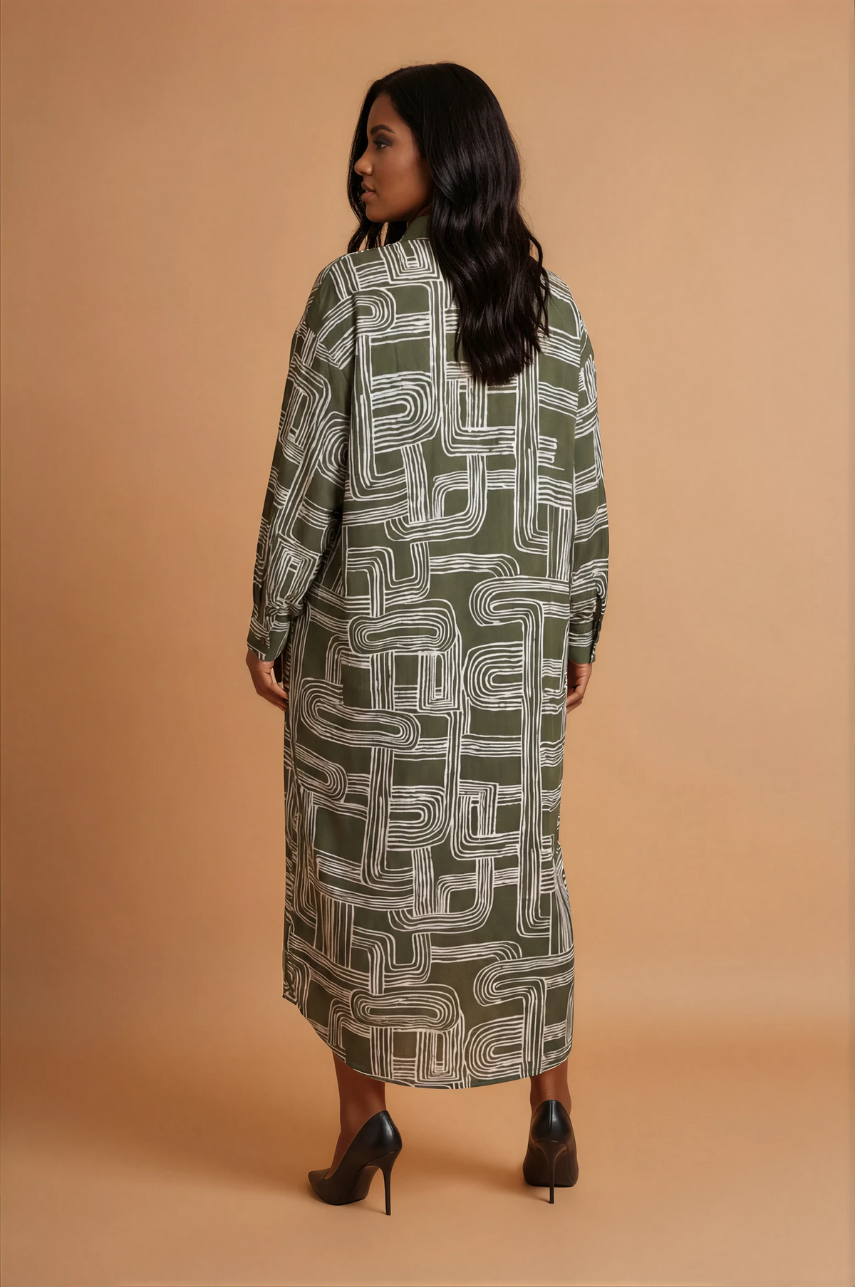 GGG4115 Green Khaki Swirl Maxi Shirt Dress