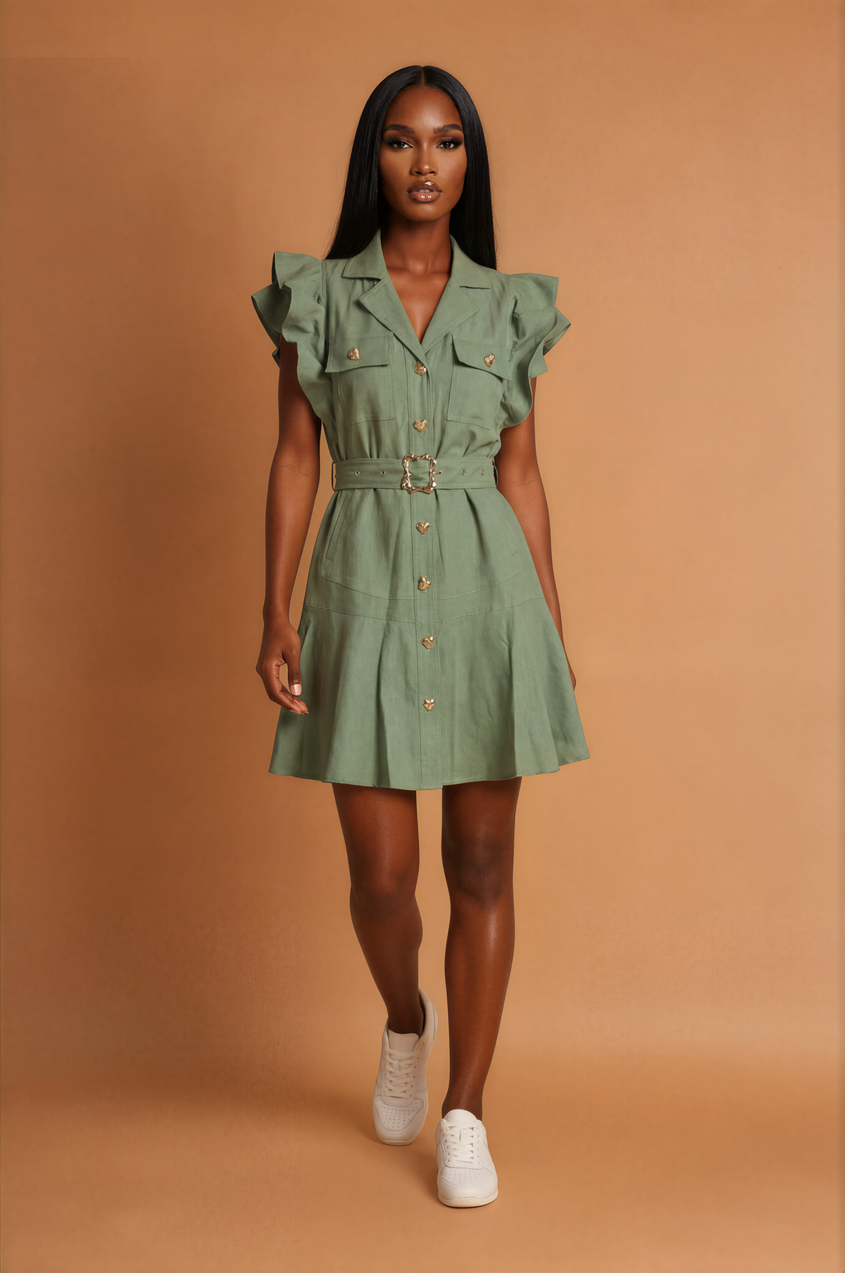 GGG5106 Green Frill Shoulder Knee Length