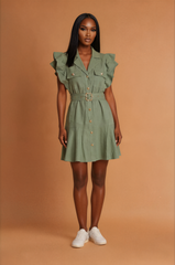 GGG5106 Green Frill Shoulder Knee Length