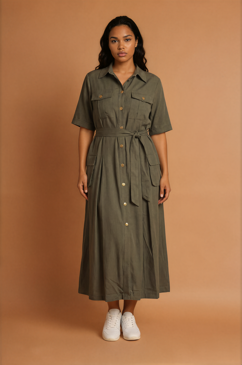 GGG5107 Khaki Midi Button Dress