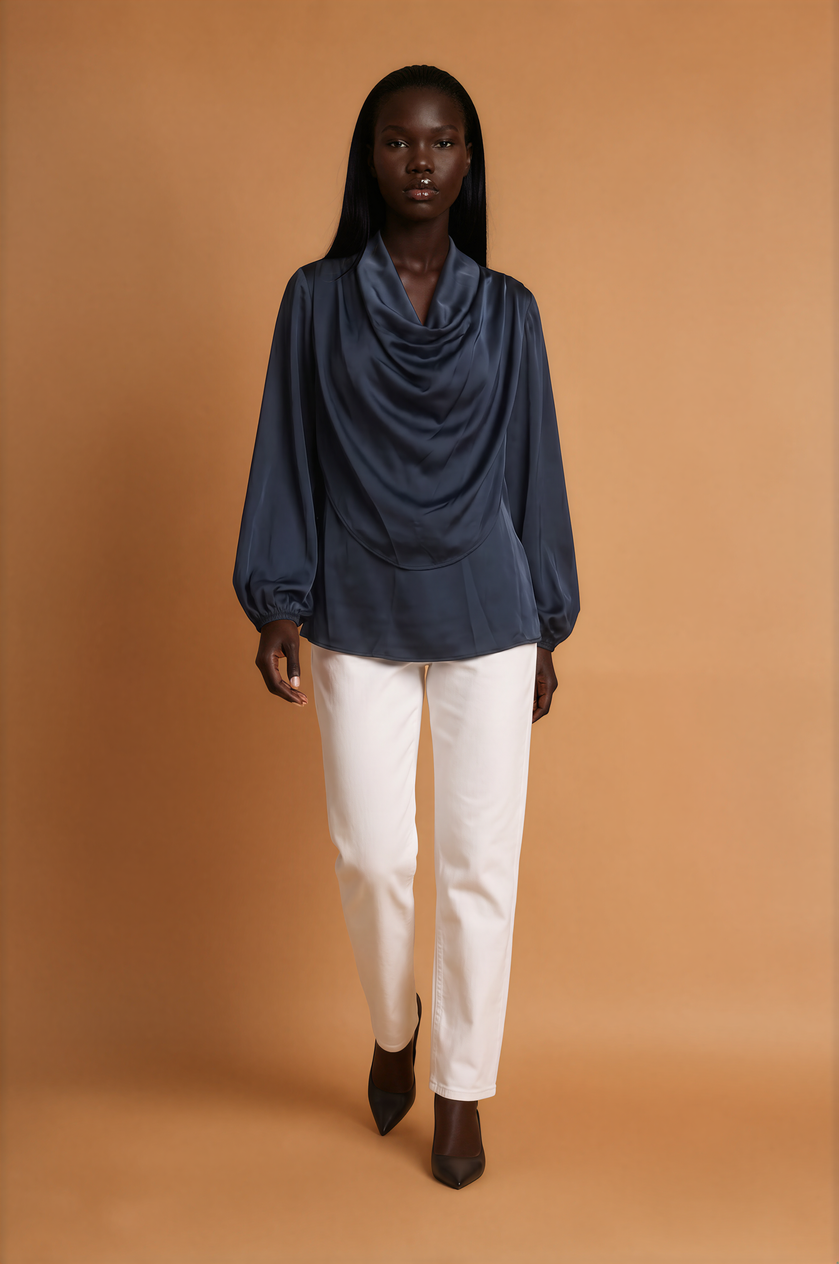 GGG5124 Navy Satin Cowl Neck Top