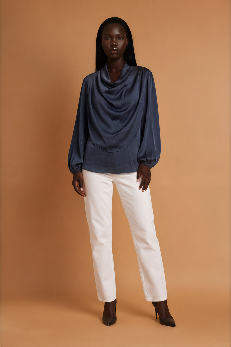 GGG5124 Navy Satin Cowl Neck Top