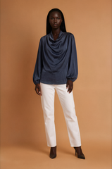 GGG5124 Navy Satin Cowl Neck Top