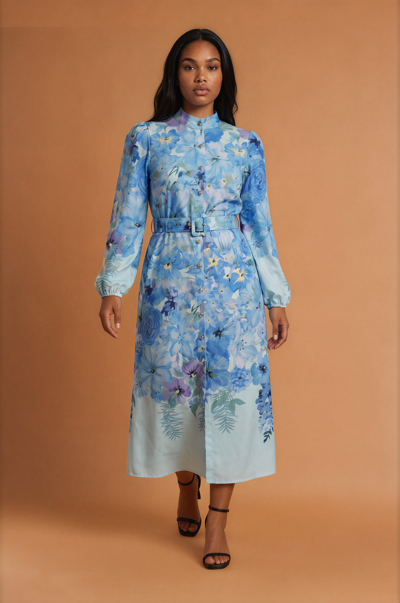 H2035 Blue Long Sleeve Floral Midi